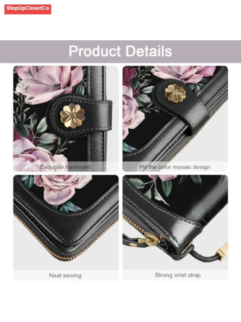 Large Capacity Genuine Leather RFID Blocking Wristlet Wallet with Floral Design